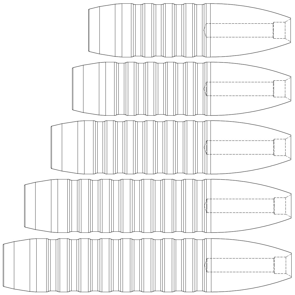 Example of .308 Reaper-X family of bullets Example of the .308 Reaper-X family of bullets in 155gn, 170gn, 190gn, 215gn, and 235gn weights. Same ogive. Same boattail. Same hollowpoint. Only the shank differs.